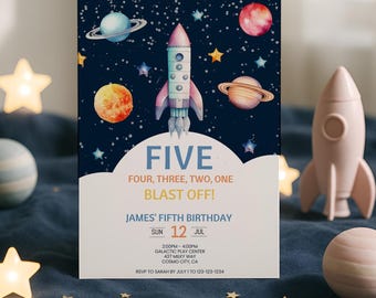 5th Birthday Space Invitation, Outer Space Birthday Party Invite 5 Year Old, Boys Bday Editable Template, Printable Digital Download, sb128