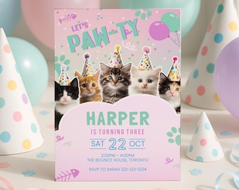 Kitten Theme 3rd Birthday Party Invitations, Cat Birthday Invite, Printable Party Invite, Let's Pawty, Editable Template Download, sb111