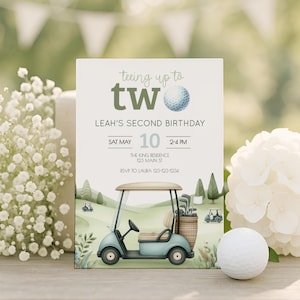 Golf Theme Second Birthday Invite, 2nd Birthday Golf Theme, Teeing Up to Two Editable Template, Boy Birthday Par-Tee, Instant Download sb118