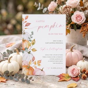 May include: A white rectangular baby shower invitation card featuring watercolour illustrations of pumpkins and autumn leaves. The text reads A LITTLE pumpkin IS ON THE WAY, JOIN US FOR A BABY SHOWER HONOURING Sophie Callaghan, SUNDAY THE 12TH OF OCTOBER, THREE O'CLOCK IN THE AFTERNOON, AUTUMN ACRES ESTATE, 512 HARVEST MOON DRIVE, OAK MEADOW, PA, RSVP TO ASTRID 123-123-1234.