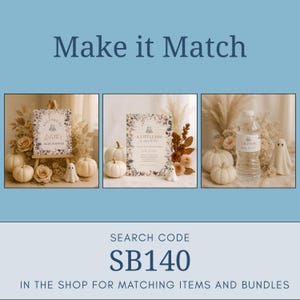 The image is a collage of three images, each featuring different items and decorations, including a sign, pumpkins, and a ghost. The text overlay provides information about a product called "SB140" and encourages viewers to search for matching items and bundles in the shop.
