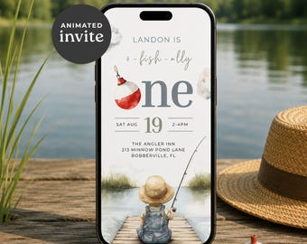 Ofishally One Animated Video Birthday Invitation, Fishing Themed Boy First Birthday Video, Digital Invite Template, Instant Download sb130