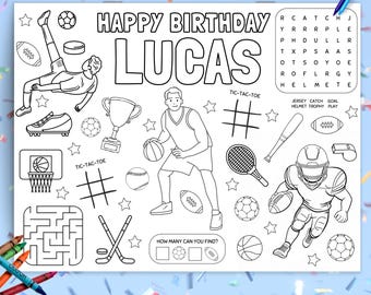 Sports Birthday Placemat, Sport Activity Sheet for Kids, Printable All Star Coloring Page, Editable Personalized Party Favor Boys, sb127