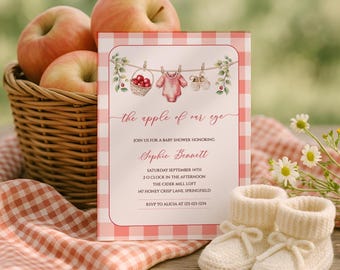 Apple Of Our Eye Shower Invitation, Apple Of Our Eye Baby Shower Invite, Gingham Fall Baby Shower Templates, Apple Orchard Printable, sb144