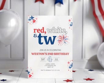 Red White And Two Birthday Invitation, 4th of July Second Birthday Party Invite, Boys 2nd Birthday Patriotic Theme, Instant Download, sb132