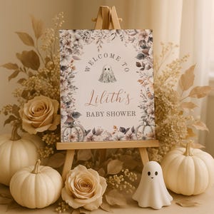 A Little Boo is Almost Due Baby Shower Welcome Sign, Fall Halloween Theme Baby Shower Decor, Boho Floral Party Sign Poster Template, sb140 image 1