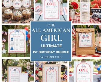 May include: A collection of party stationery templates featuring a red, white, and blue patriotic theme with American flag motifs. The set includes birthday invitations, cupcake toppers, water bottle labels, favour tags, and milestone signs with text.