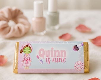 Spa Party Chocolate Wrapper, Spa Birthday Party Favor, Editable Candy Bar Wrapper, Girls Pamper Party Decor, Custom Kids Loot Bag, sb116