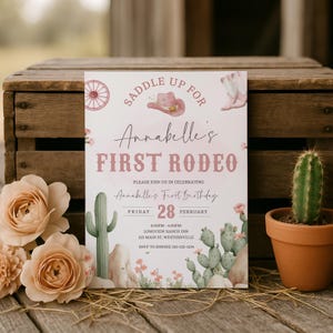 First Rodeo Girl Birthday Invitation, Pink Western Cowgirl Party Invite, Saddle Up First Rodeo Birthday Printable Editable Template, sb169 imagen 4