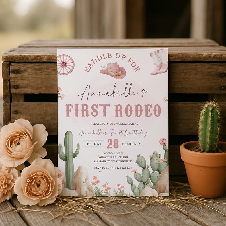 First Rodeo Girl Birthday Invitation, Pink Western Cowgirl Party Invite, Saddle Up First Rodeo Birthday Printable Editable Template, sb169 imagen 4