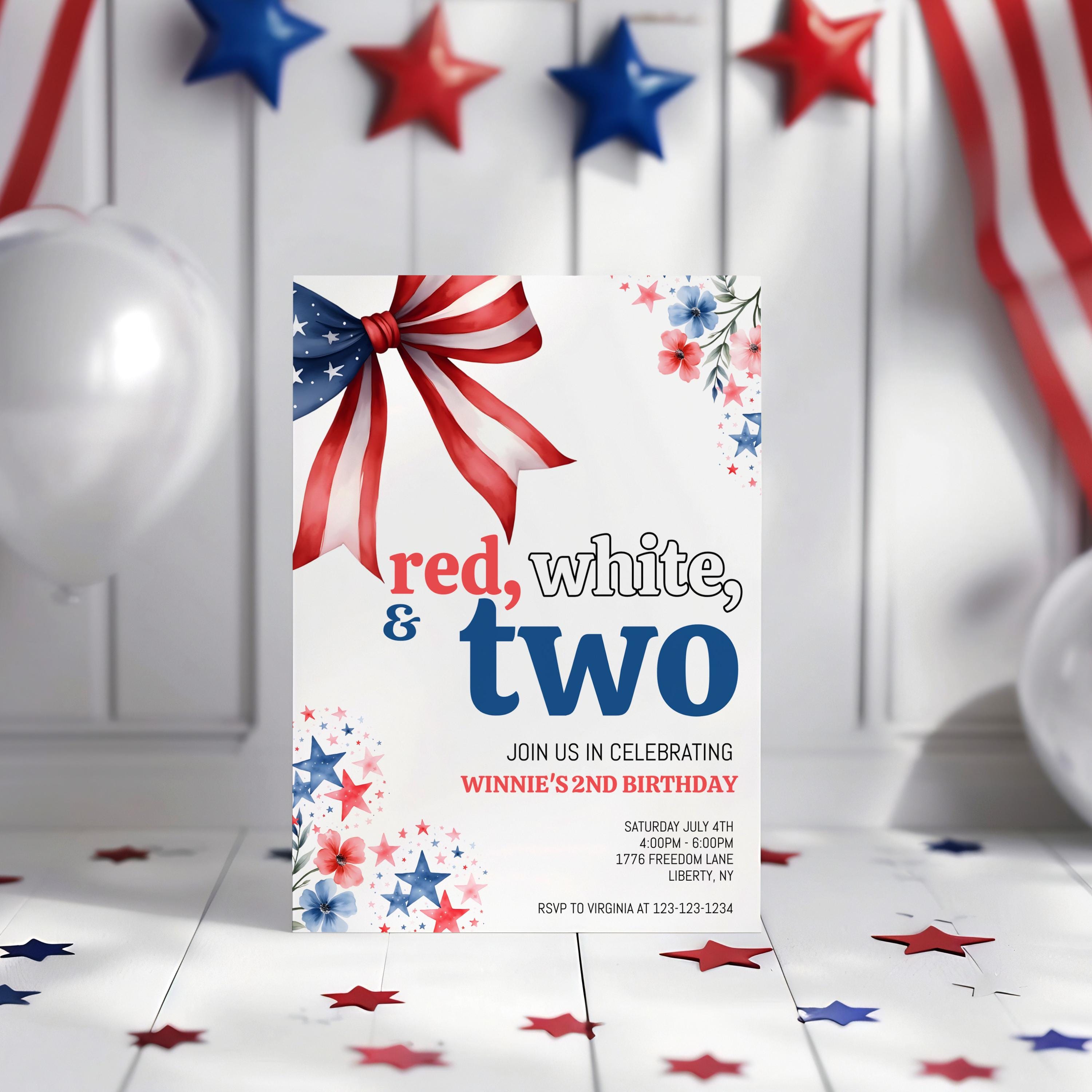 Red White and Two Birthday Invitation, 4th of July Second Birthday ...