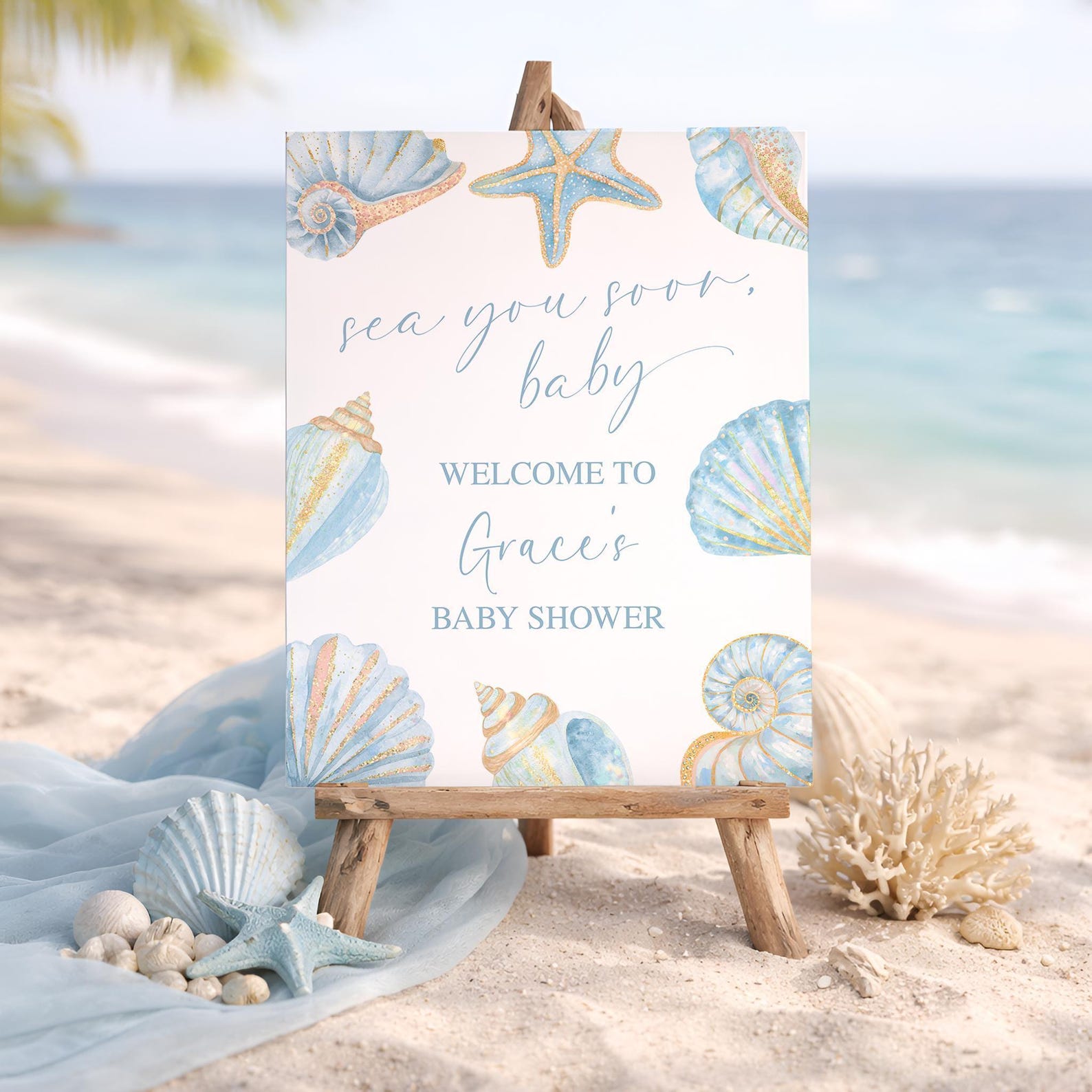 Sea You Soon Baby Shower Welcome Sign, Coastal Seashell Baby Shower ...