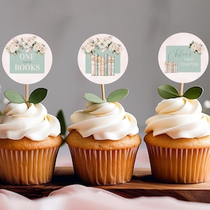 Cupcake Toppers Book Theme, One for the Books Cupcake Topper, Printable Decoration for 1st Birthday Party, Printable Instant Download, sb125