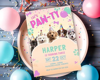 May include: A rectangular birthday invitation card featuring five puppies wearing colorful party hats. The text reads LET'S PAW-TY, HARPER IS TURNING THREE, SAT 22 OCT, 2:00PM - 4:00PM, THE BOUNCE HOUSE, TORONTO, and RSVP TO SARAH 123-123-1234.