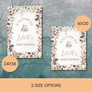 A Little Boo is Almost Due Baby Shower Welcome Sign, Fall Halloween Theme Baby Shower Decor, Boho Floral Party Sign Poster Template, sb140 image 4