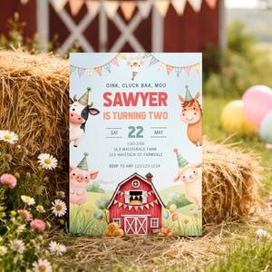 Farm 2nd Birthday Invitation, Two Year Old Birthday Farm Invitation, Farm Animal Birthday Party Invite Printable Oink Cluck Baa Moo, sb184