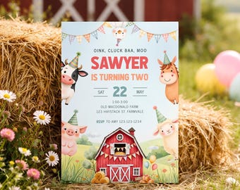 Farm 2nd Birthday Invitation, Two Year Old Birthday Farm Invitation, Farm Animal Birthday Party Invite Printable Oink Cluck Baa Moo, sb184