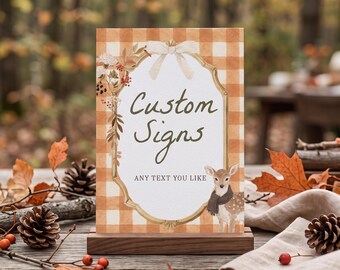 Fall Baby Shower Table Signs, Autumn Cottagecore Decor Signs Editable, Woodland Animals Custom Sign, Coquette Gingham Instant Download sb212