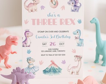 Three Rex Birthday Invitation Girl, Dinosaur Invite 3 Year Old, Girly Dinosaur Invitation, Pastel Dinosaur 3rd Birthday Invite, sb149