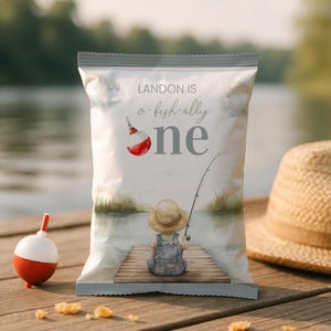 Ofishally One Party Favors, Fishing Chip Bag, Editable Boys Fish Theme Party Favors, Birthday Chip Wrapper Template, Custom Loot Bag, sb130