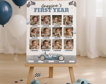 Fast One Photo Board, Racecar First Birthday Photo Display, 12 Month Milestone Picture Board, Racing First Birthday Decor Digital, sb163
