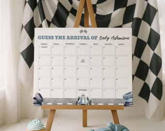 Racecar Due Date Calendar, Racing Baby Shower Due Date Game, First Lap Baby Shower Guess the Date Printable, Race Track Shower Decor, sb163