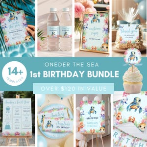 Oneder the Sea Party Bundle, Editable Birthday Invitation, Ocean 1st Birthday Party Decor, Printable Templates, Decorations Signs, sb103