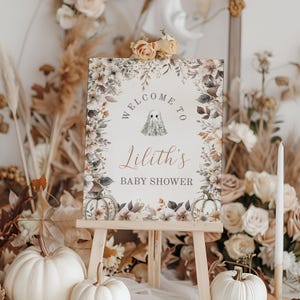 A Little Boo is Almost Due Baby Shower Welcome Sign, Fall Halloween Theme Baby Shower Decor, Boho Floral Party Sign Poster Template, sb140 image 3