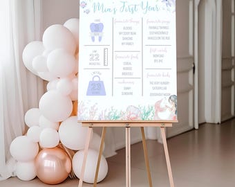 May include: A white milestone birthday sign titled Mia's First Year featuring light blue and pink watercolour illustrations of a mermaid, dolphin, and sea life. The board displays text details about teeth, height in cm, weight in kg, and various favourites.