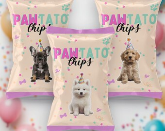 May include: Three beige snack bags labeled PAWTATO chips in pink and teal text. Each bag features a puppy wearing a colorful party hat, surrounded by a pattern of small stars, paw prints, and bone shapes on a light background with purple trim.