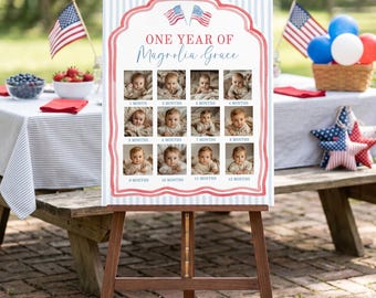 All American Photo Board, Patriotic First Birthday Milestone Poster, 4th Of July USA Birthday Photo Display, Stars And Stripes Decor, sb201
