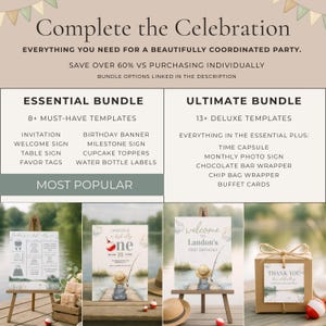 The image is a collage of various party-related items, including a birthday banner, a welcome sign, a table sign, a cupcake topper, a water bottle label, a chocolate bar wrapper, a chip bag wrapper, and a buffet card.