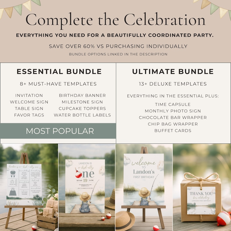 The image is a collage of various party-related items, including a birthday banner, a welcome sign, a table sign, a cupcake topper, a water bottle label, a chocolate bar wrapper, a chip bag wrapper, and a buffet card.