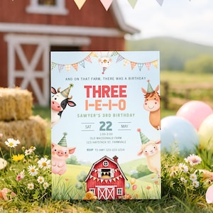 Three I E I O Birthday Invitation, Farm 3rd Birthday Invite, Old MacDonald Farm Animal Third Birthday Party Printable Template, sb184
