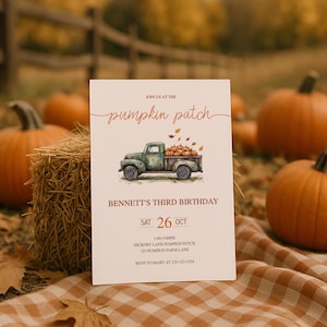 Pumpkin Patch Birthday Party Invite, Pumpkin Truck Invitation, Fall Theme 3rd Birthday Template, Rustic Halloween Instant Download, sb145
