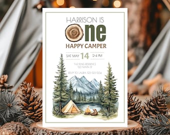 One Happy Camper Invite, Editable 1st Birthday Party Invitation, Camping Birthday Template, Woodland Animals Evite, Instant Download, sb110
