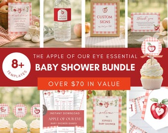Apple Of Our Eye Baby Shower Bundle, Fall Apple Red Gingham Party Decor Kit, Editable Baby Shower Printable Decoration Templates, sb144