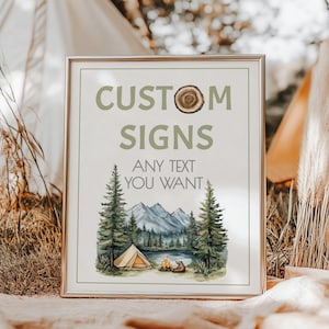 Camp Table Signs, Camping Signs Printable, One Happy Camper Birthday Decor, Editable Custom Forest Sign Template, Instant Download, sb110