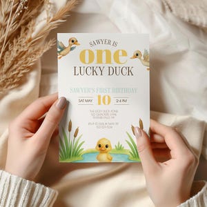 One Lucky Duck Birthday Invitation, Lucky Duck Printable Invitation, Duck Birthday Invitation Cards, First Birthday Editable Template sb134