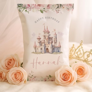 Princess Birthday Chip Bags, Royal Princess Party Favors, Castle Chip Wrapper Template, Girls Birthday Decor, Custom Loot Bag, sb107