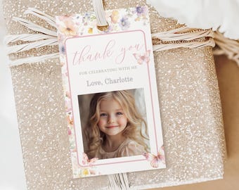 Butterfly Thank You Tags, First Birthday Thank You Card, Floral Party Favor Tag, Girl Loot Bag, Printable Gift Tags with Photo, sb121