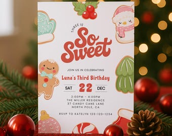 Ginger Bread Christmas Invite, Christmas Cookie 3rd Birthday Party Invitation, Holiday Birthday Invite Editable Template 3 Year Old, sb160