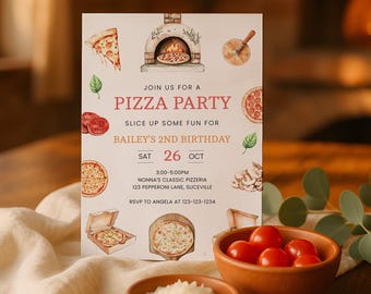Pizza Party 2nd Birthday, Pizza Party Invite Kids, Pizza Party Invitation Digital, Pizzeria Party Invite Editable Template Printable, sb153