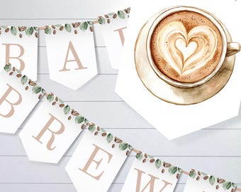 May include: A decorative banner featuring white pennants with light brown letters and watercolor illustrations of coffee beans and green leaves. One pennant displays a cup of coffee with heart-shaped latte art. The letters spell out BAR BREW.