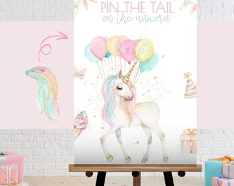 Pin the Tail on the Unicorn, Unicorn Party Game Printable, Rainbow Unicorn Themed Party Games, Girls Birthday Activity Digital, sb120