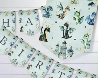 May include: A decorative bunting banner featuring a light green background with watercolor illustrations of various dragons, castles, clouds, and stars. The pennants display the letters spelling out BIRTHDAY in a dark gray serif font.