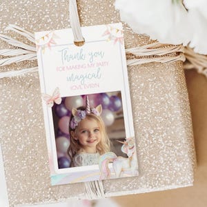 Thank You Favor Tag Printable Unicorn,Thank You Favors with Photo, Editable Unicorn Party Gift Tags, Girls Birthday Rainbow Loot Bag, sb120