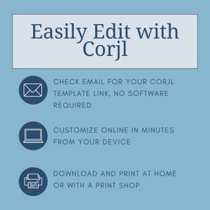 The image is a promotional graphic for a service called "Corjl", which allows users to easily edit their emails. It features a blue background with white text and icons, providing instructions on how to use the service.