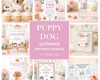 Peut inclure: Un ensemble de fête d'anniversaire sur le thème des chiots comprenant des modèles pour invitations, panneaux d'accueil, étiquettes de bouteilles d'eau, étiquettes cadeaux et coloriages. Les designs incluent des illustrations de chiens avec des chapeaux.