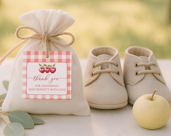The Apple of Our Eye Favor Tag, Apple of Our Eye Baby Shower Decor, Fall Thank You Tags, Gingham Apple Printable Gift Tag Template, sb144